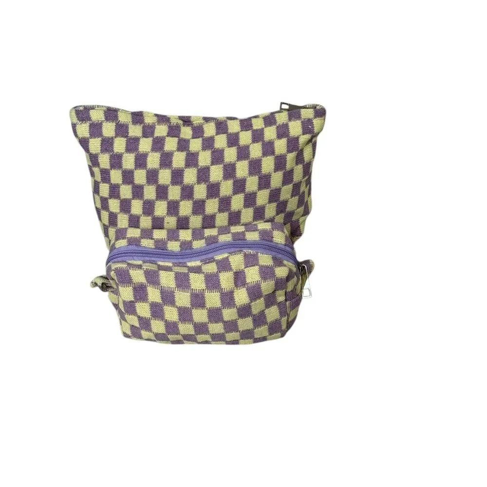 NEW 2Pcs Checkered Cosmetic Bag and Brush Bag - Yellow/Purple
